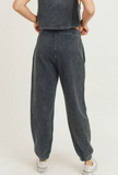 Mineral-Washed Ribbed Billow Cuffed Joggers - Black